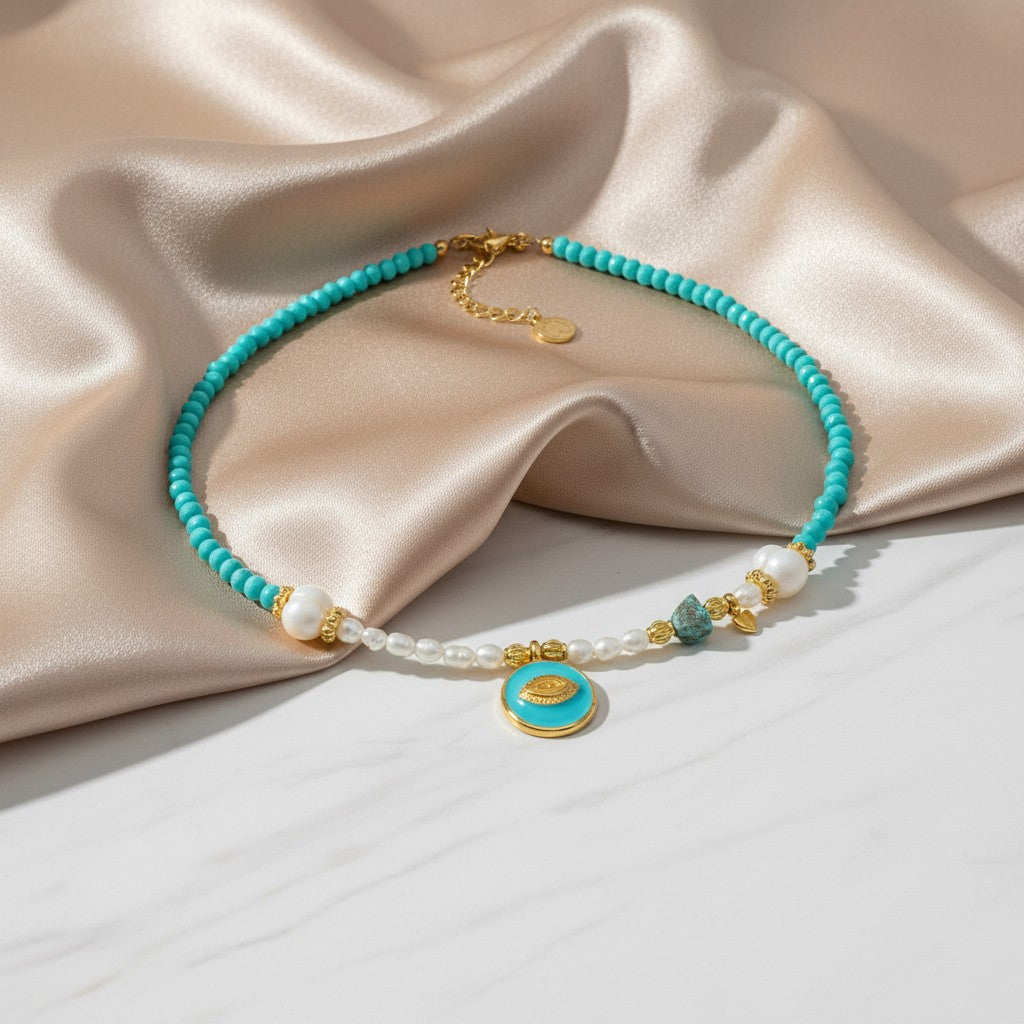 Elephantina.gr Aegean Eye necklace with freshwater pearls, turquoise beads, gold eye charm, and adjustable clasp.