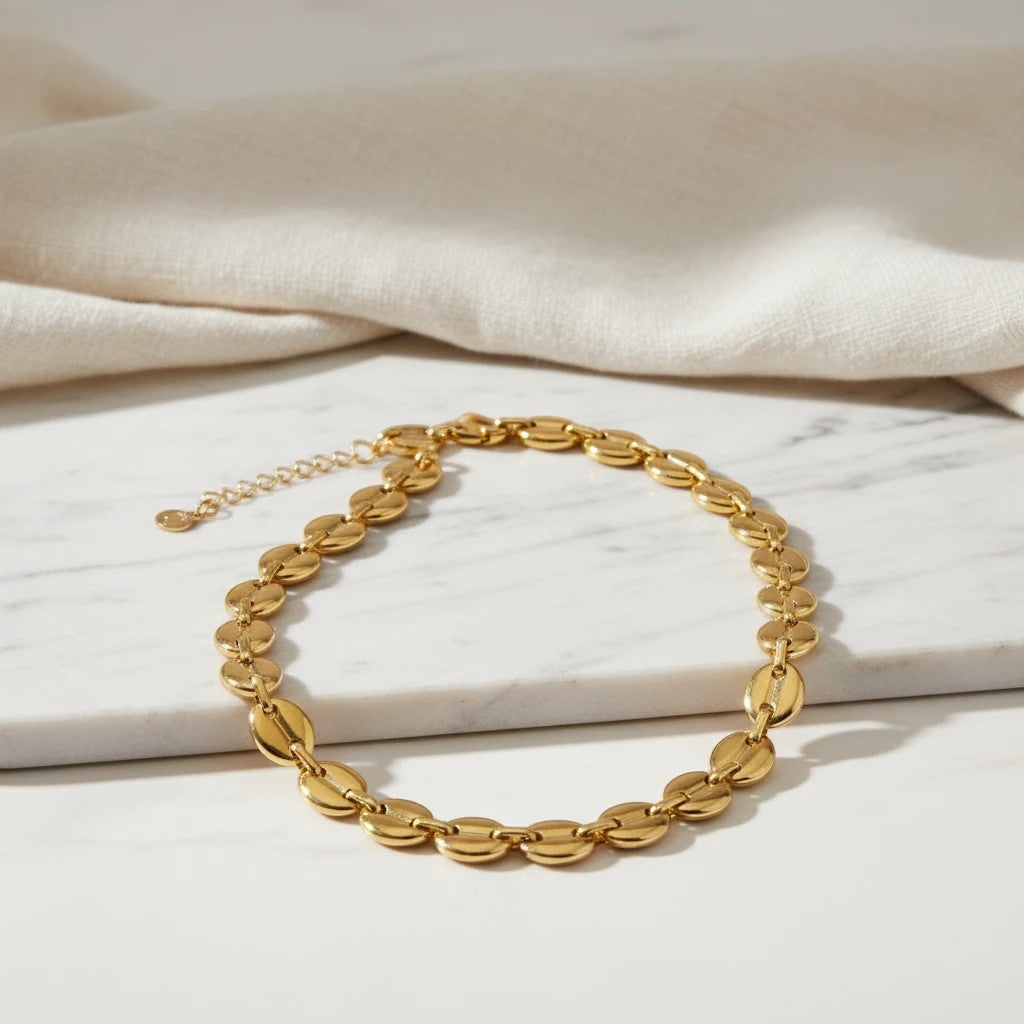 elephantina.gr gold plated stainless steel statement necklace with oval links, 40cm + 5cm extension