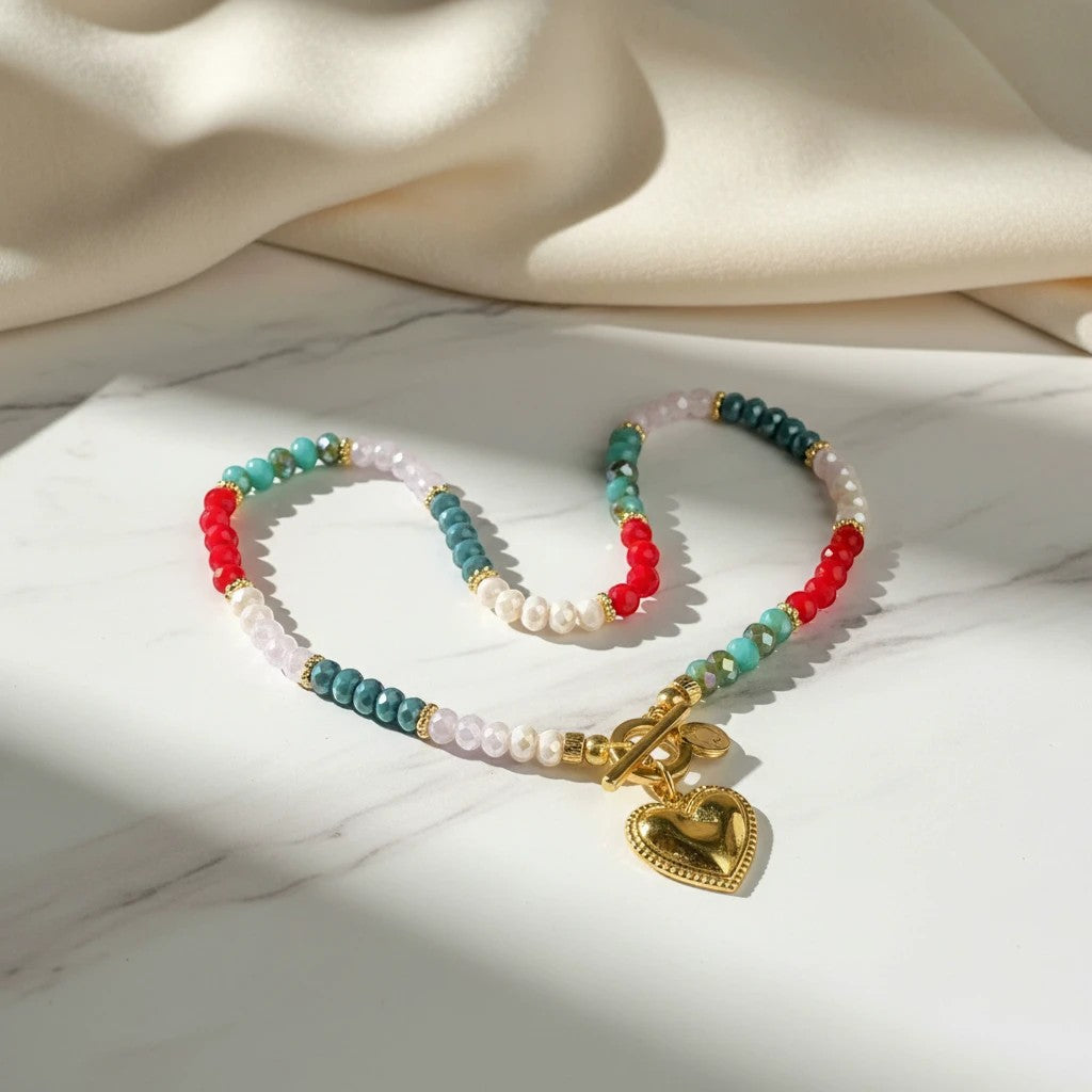elephantina.gr colorful crystal beaded necklace with gold heart pendant