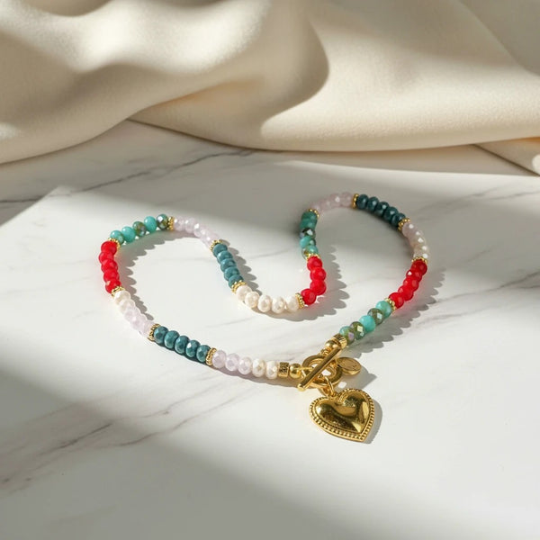 elephantina.gr colorful crystal beaded necklace with gold heart pendant
