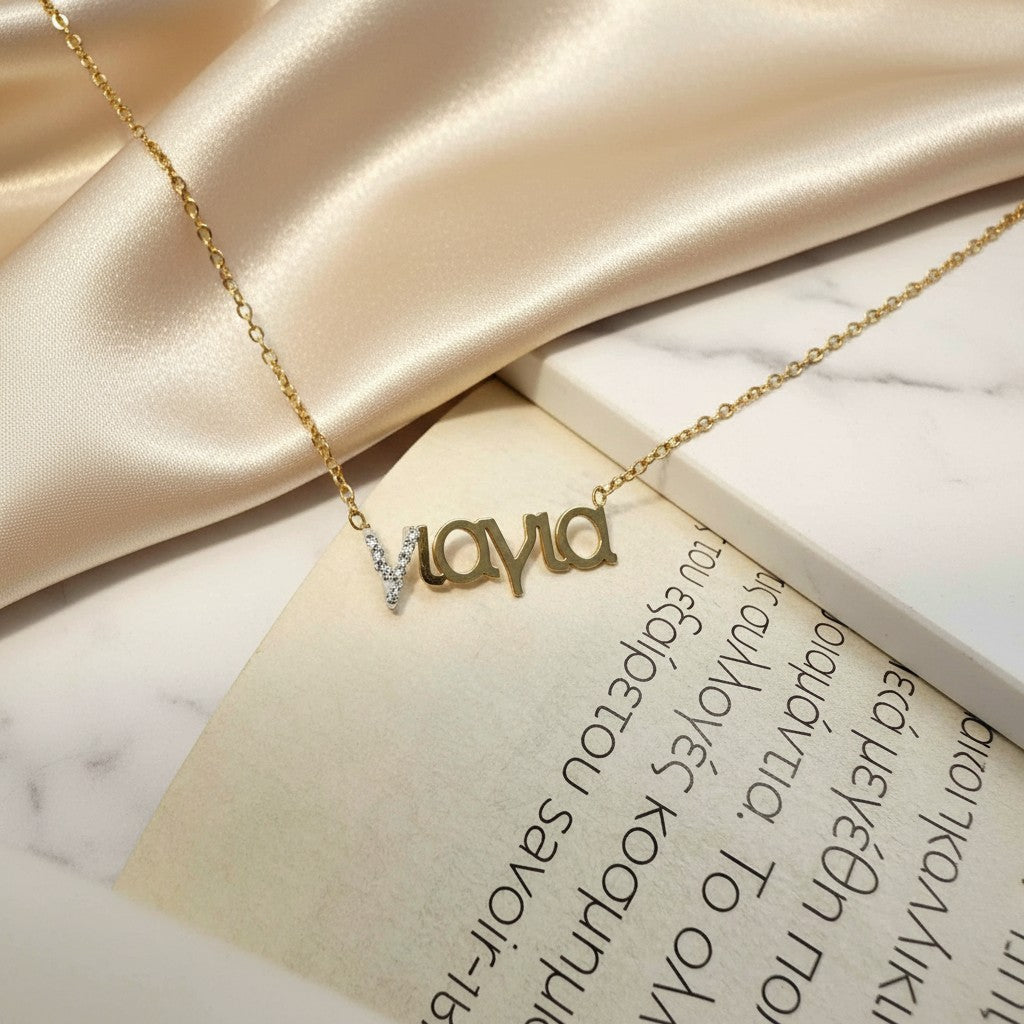 Elephantina.gr gold-tone stainless steel necklace with 'YiaYia' pendant adorned with white zircons. 40cm chain with 5cm extender.