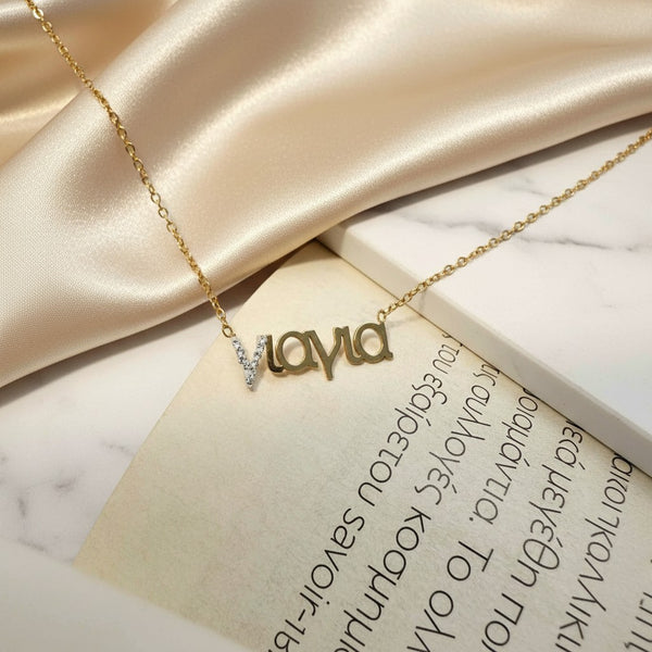 Elephantina.gr gold-tone stainless steel necklace with 'YiaYia' pendant adorned with white zircons. 40cm chain with 5cm extender.