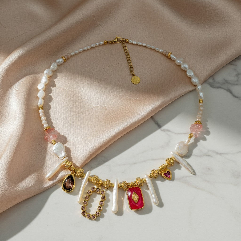 Elephantina.gr statement necklace with Biwa & baroque pearls, gold accents, red & pink enamel, and crystal details.