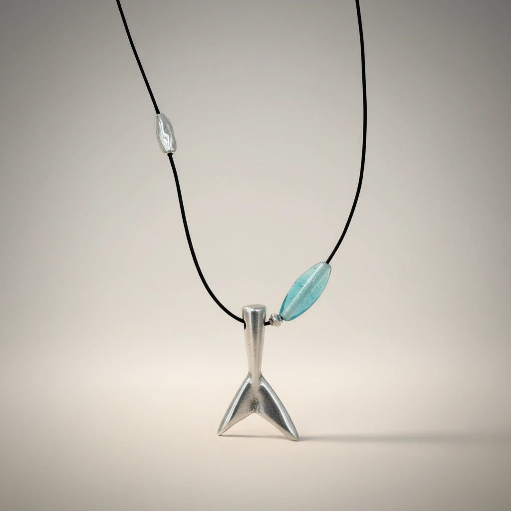 Silver whale tail pendant necklace with blue glass bead and silver bead on black cord by elephantina.gr