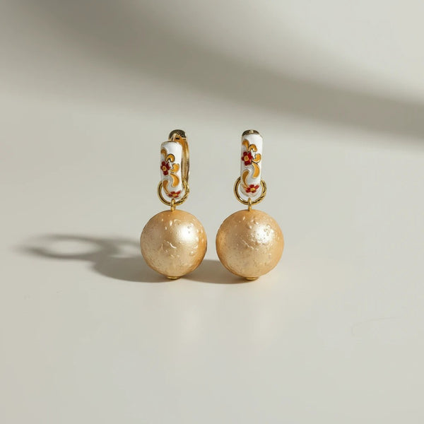 elephantina.gr white cloisonné hoop earrings with floral design and pearl beads