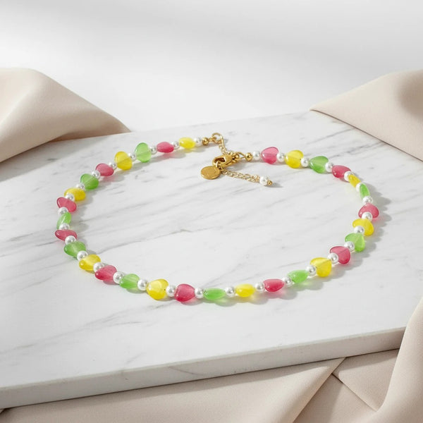 elephantina.gr colorful heart-shaped cat eye stone and pearl beaded necklace