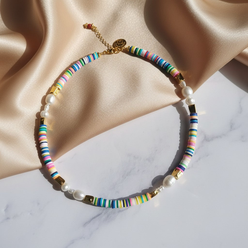 elephantina.gr colorful rondelle bead and pearl necklace with 24K gold plated elements, 40cm + 5cm extension