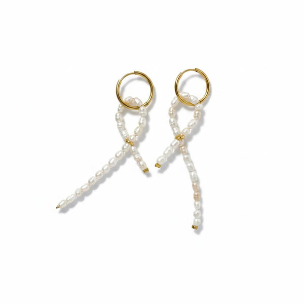 elephantina.gr gold-plated steel hoop earrings with hanging ribbon-shaped white rice cultured pearls