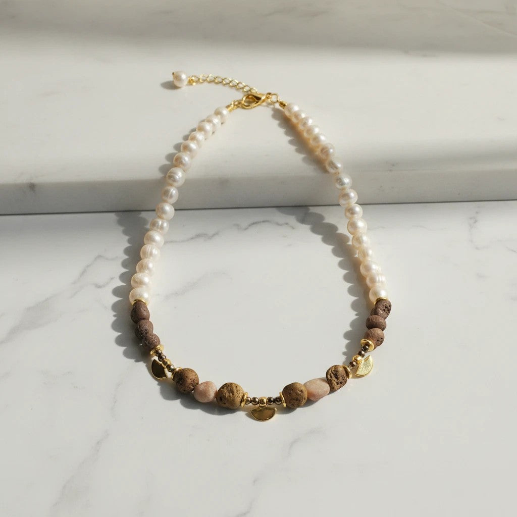 Elephantina.gr necklace with freshwater pearls, agate, and hematite beads, 24K gold-plated brass accents, 42cm + 5cm extension.