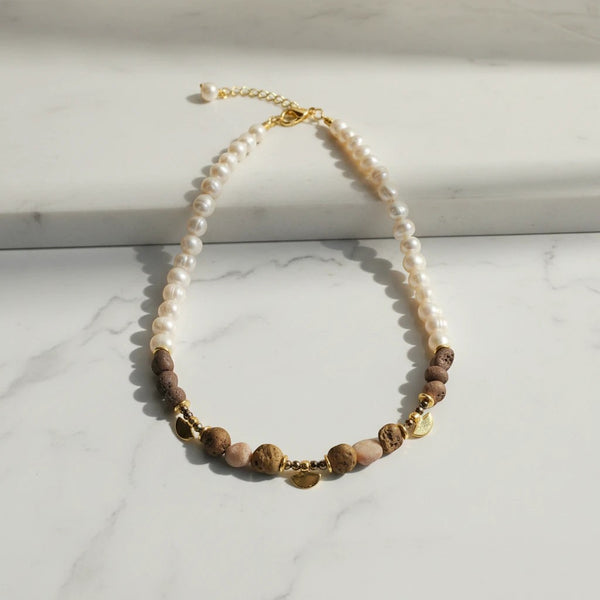 Elephantina.gr necklace with freshwater pearls, agate, and hematite beads, 24K gold-plated brass accents, 42cm + 5cm extension.