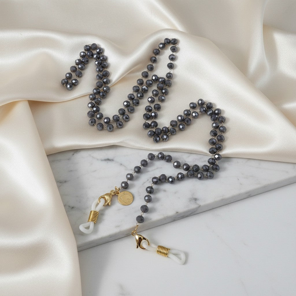 Elephantina.gr handmade gold-plated rosary glasses chain with grey crystals, 70cm long.