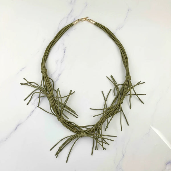 elephantina.gr long olive green handmade necklace with rubber ties and fringe detail