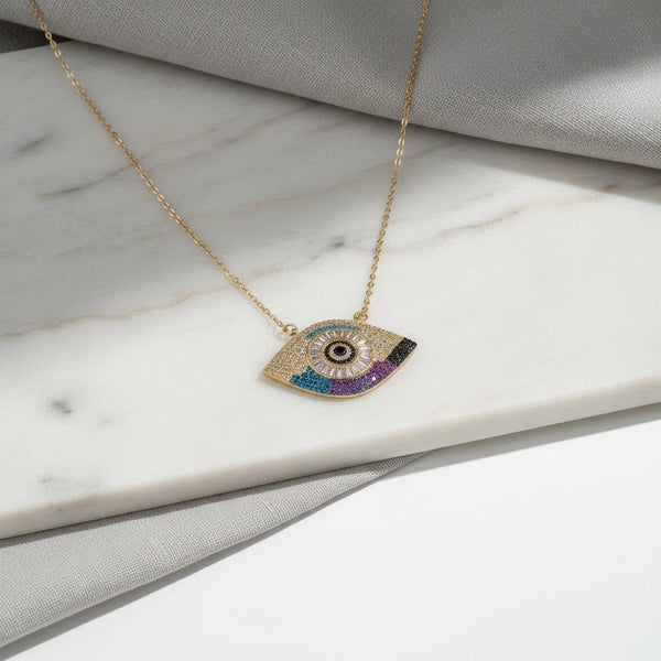 Elephantina.gr gold-plated steel necklace with a colorful evil eye pendant adorned with cubic zirconia. Features a protective symbol.