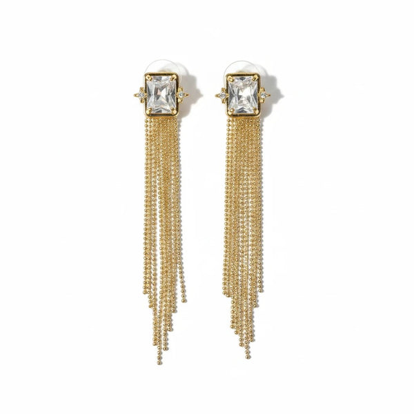elephantina.gr gold long earrings with rectangular crystal and delicate chains, perfect for formal events.