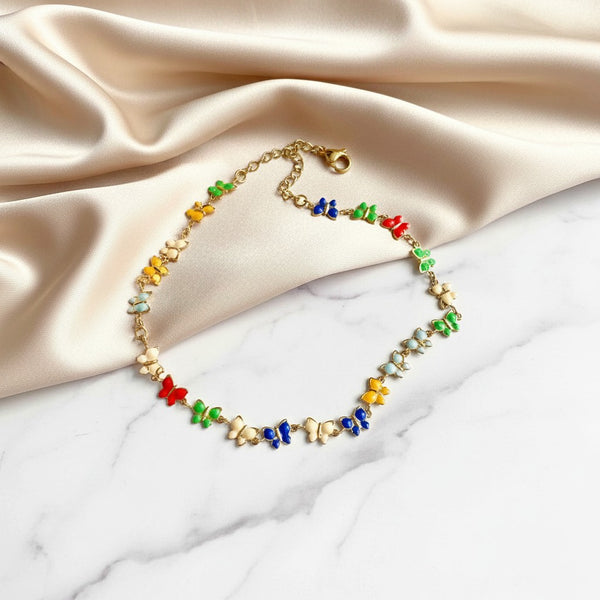 elephantina.gr gold chain choker necklace with colorful enamel butterflies, adjustable clasp