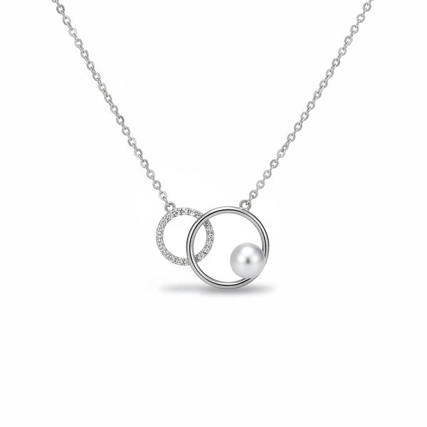 elephantina.gr silver stainless steel necklace with two interlocking circles, one with cubic zirconia, the other with a pearl.