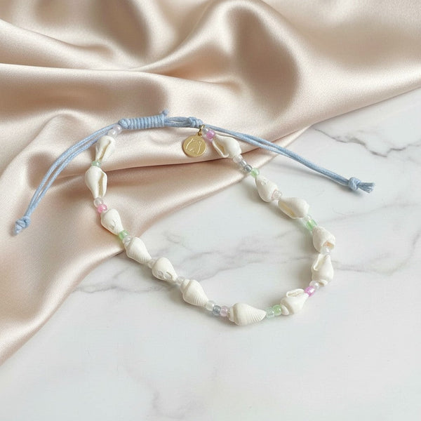 elephantina.gr anklet with white shells and colorful beads, adjustable blue cord, summer beach jewelry