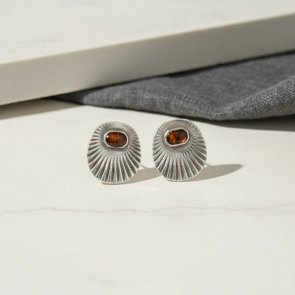 elephantina.gr oval sterling silver stud earrings with amber gemstone and sunburst design