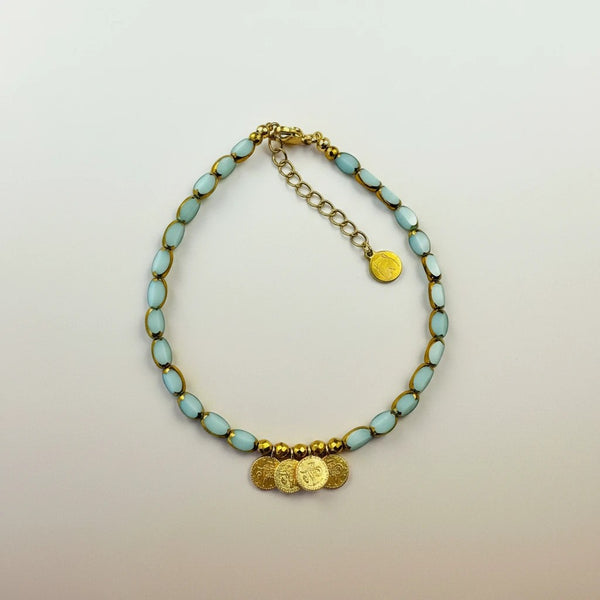 Elephantina.gr light blue glass beads and gold coin charms anklet with adjustable chain
