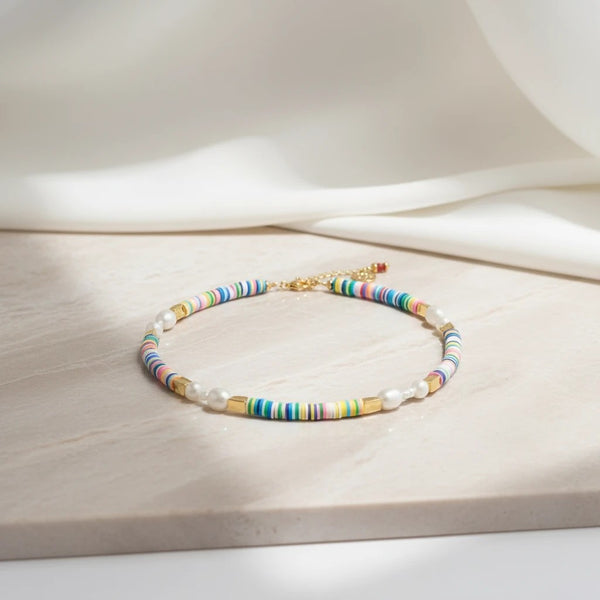 elephantina.gr necklace with colorful rondelles, pearls, and 24K gold-plated elements. 40cm + 5cm extension.