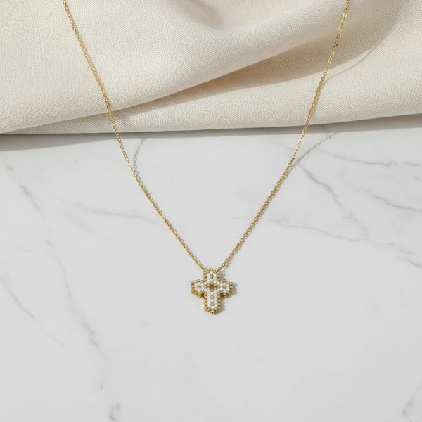 elephantina.gr handmade white Miyuki beaded cross necklace with stainless steel chain, 40+5cm