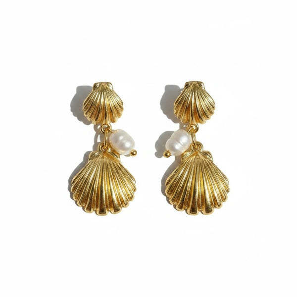 elephantina.gr gold seashell drop earrings with white pearls, 1.5 x 3cm