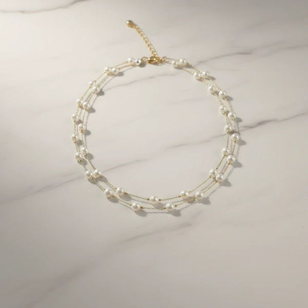 elephantina.gr double strand rosary necklace with white pearls on a gold-plated steel chain, 40cm + 5cm extension