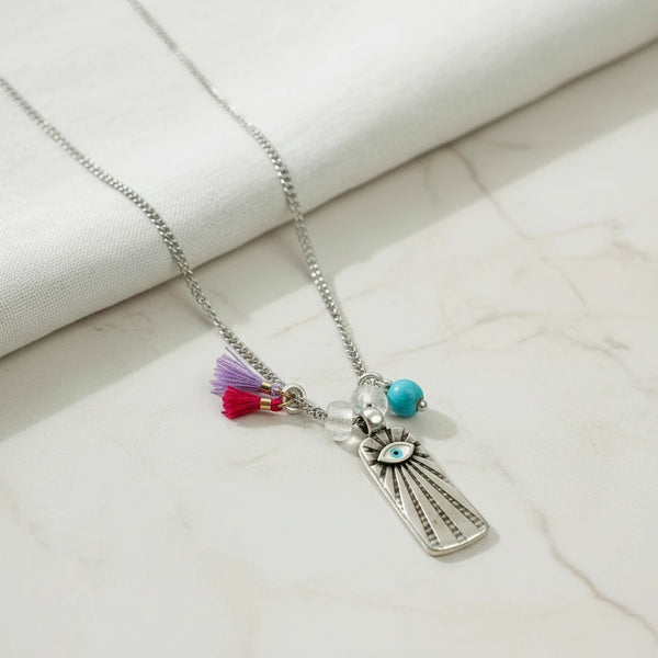 Elephantina.gr silver chain necklace with eye pendant, tassels, and beads. Stainless steel.