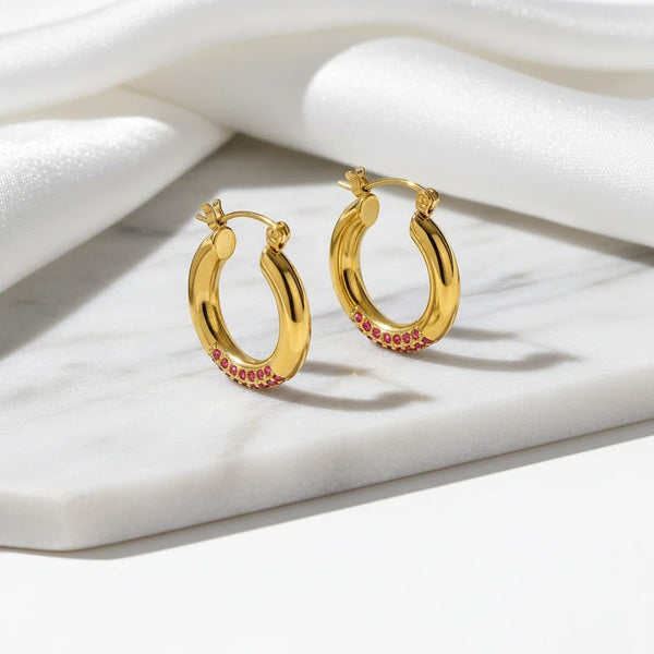 Elephantina.gr gold hoop earrings with pink rhinestones, made of 316L stainless steel, 2.2 x 2.0 cm.