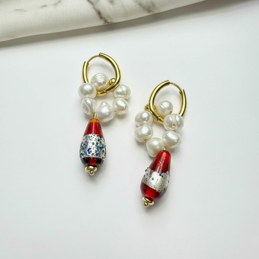 elephantina.gr Red Romance hoop earrings with cultured pearls and red Murano glass drops with silver plating.