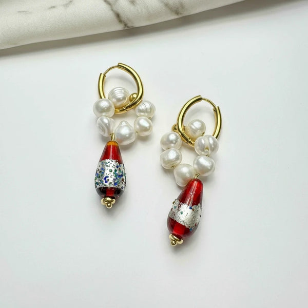 elephantina.gr Red Romance hoop earrings with cultured pearls and red Murano glass drops with silver plating.