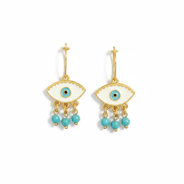 elephantina.gr gold hoop earrings with white enamel evil eye and turquoise beads