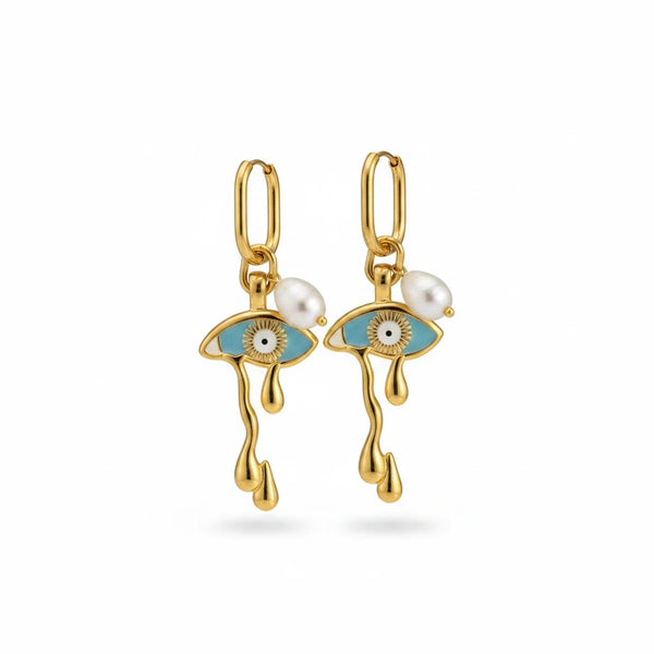 elephantina.gr gold hoop earrings with blue evil eye charm and white pearl, elegant dangling design.
