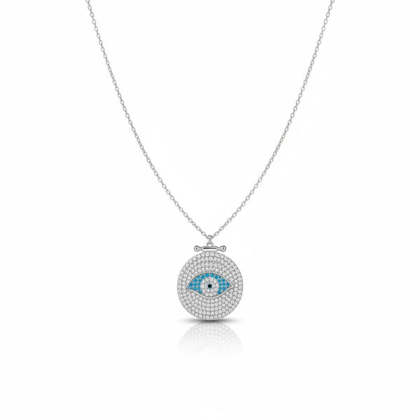 Elephantina.gr silver necklace with a round evil eye pendant encrusted with white and blue stones.