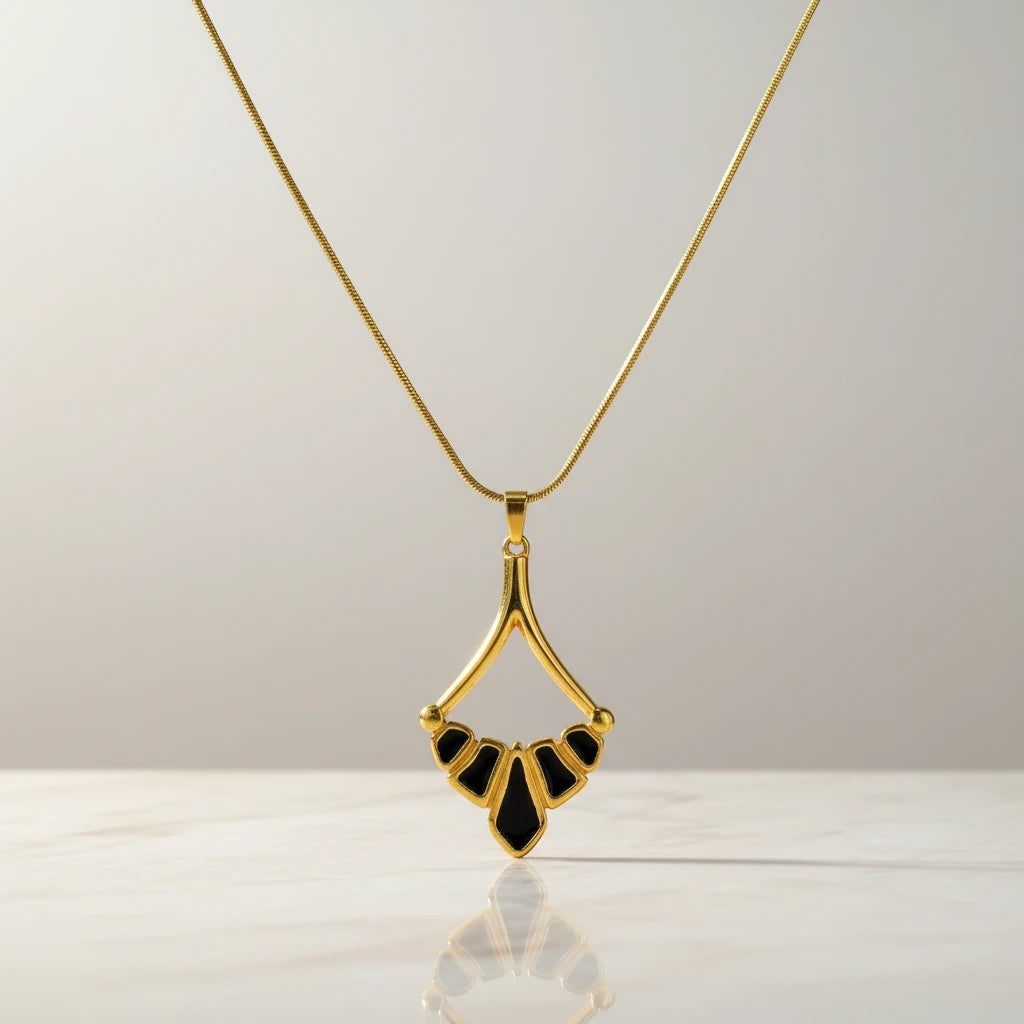 elephantina.gr gold plated brass Art Nouveau pendant necklace with black enamel and snake chain