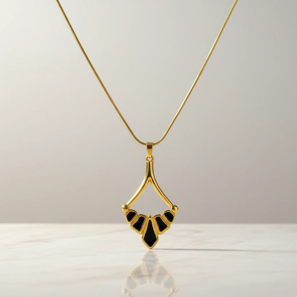 elephantina.gr gold plated brass Art Nouveau pendant necklace with black enamel and snake chain