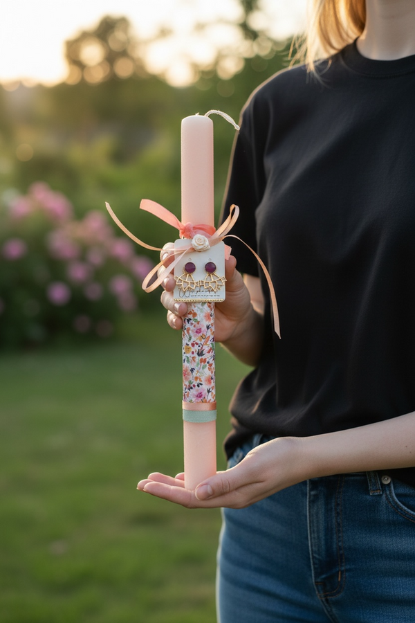 Πασχαλινή Λαμπάδα με Σκουλαρίκια Φούξια Σμάλτο & Χρυσά Στοιχεία