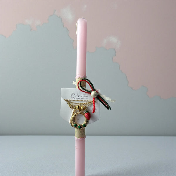 Ροζ Πασχαλινή Λαμπάδα με Μακρύ Μενταγιόν Μαργαριτάρι & Φράουλα