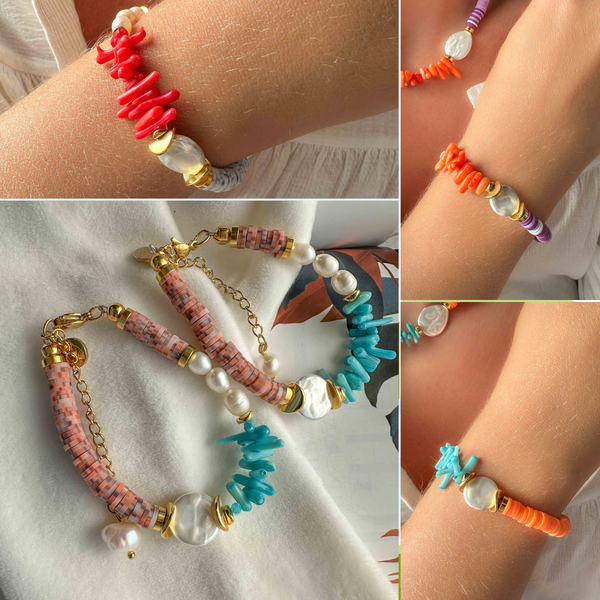 Βραχιόλι με πορτοκαλί ροδέλες σιλικόνης και ημιπολύτιμες πέτρες