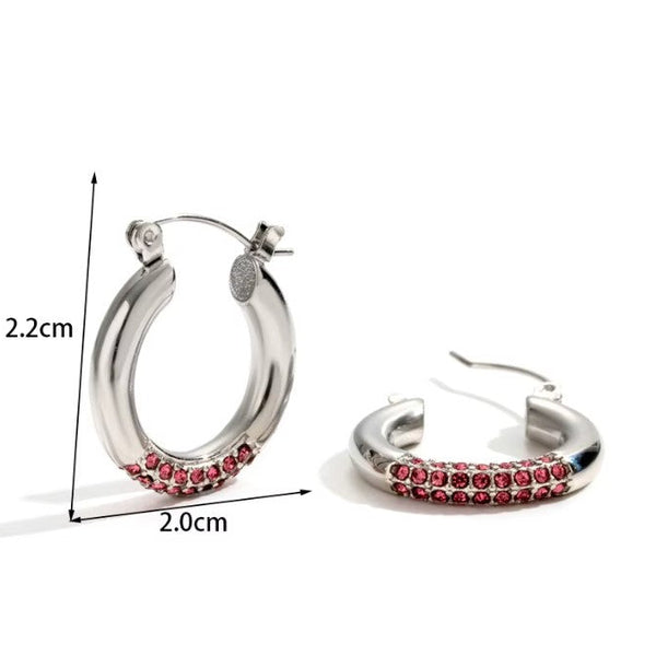 Σκουλαρίκια Κρίκοι με Ροζ Στρας – Ανοξείδωτο Ατσάλι 316L – Ασημί