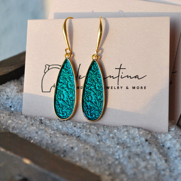 Σκουλαρίκια κρεμαστά σταγόνες με σμαραγδί σμάλτο