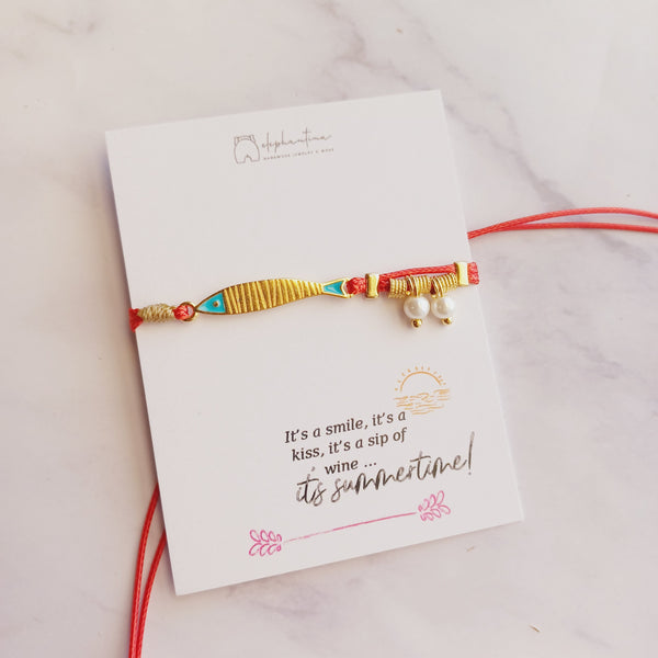 Βραχιόλι με δερμάτινο κορδόνι Ψάρι Επίχρυσο 24Κ με μπλε σμάλτο