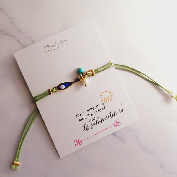 Βραχιόλι με δερμάτινο κορδόνι Ψάρι Μπλε Βιτρό με μάτι