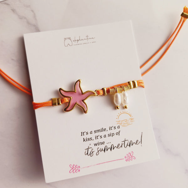 Βραχιόλι με δερμάτινο κορδόνι Αστερίας Βιτρό Ροζ