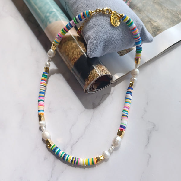 Κολιέ mix ροδέλες με μαργαριτάρια καλλιέργειας