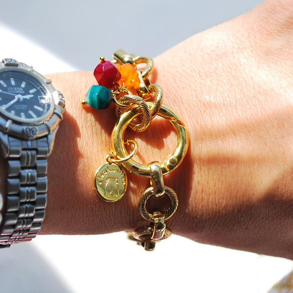 Βραχιόλι ατσάλινη αλυσίδα χρυσή και πολύχρωμες ημιπολύτιμες πέτρες