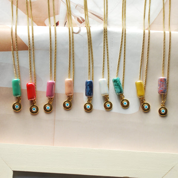 Κολιέ αλυσίδα με χρωματιστή πέτρα κύλινδρο και μάτι