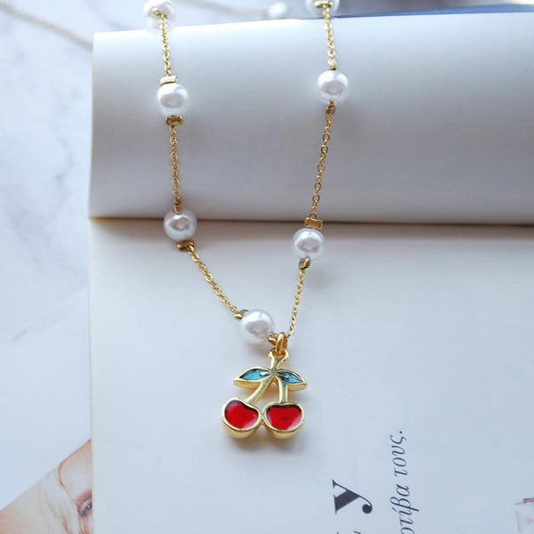 Κολιέ από ατσάλι με πέρλες και κρεμαστό στοιχείο κεράσι