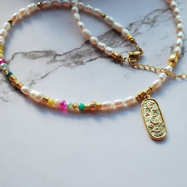 Κολιέ ουρανός, μαργαριτάρια γλυκού νερού και κρυσταλλάκια