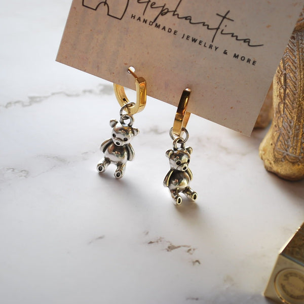 Σκουλαρίκια κρικάκια με αρκουδάκι ασημί '' two-tone''